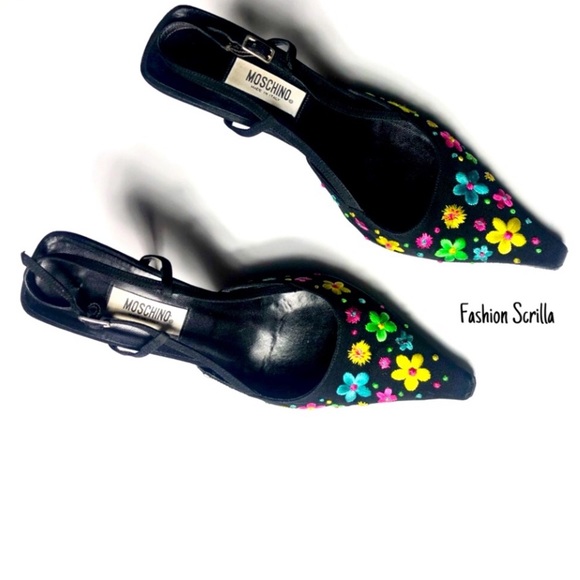 Moschino Shoes - Vintage Moschino RARE Neon Flower Embroidered Stiletto Heel Pointed Toe Mule